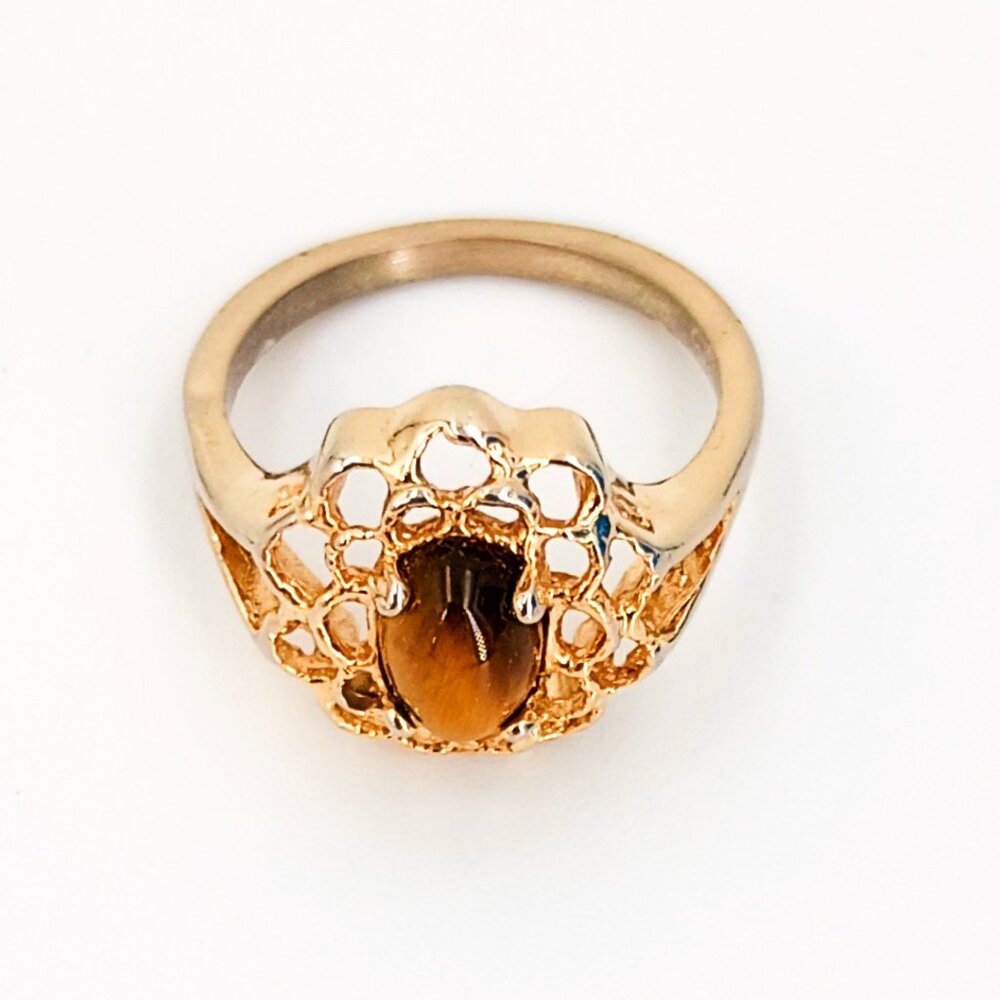 Vintage Uncas Cocktail Ring Tiger Eye Oval Stone 14KT Gold Filled Size 6 UNR14